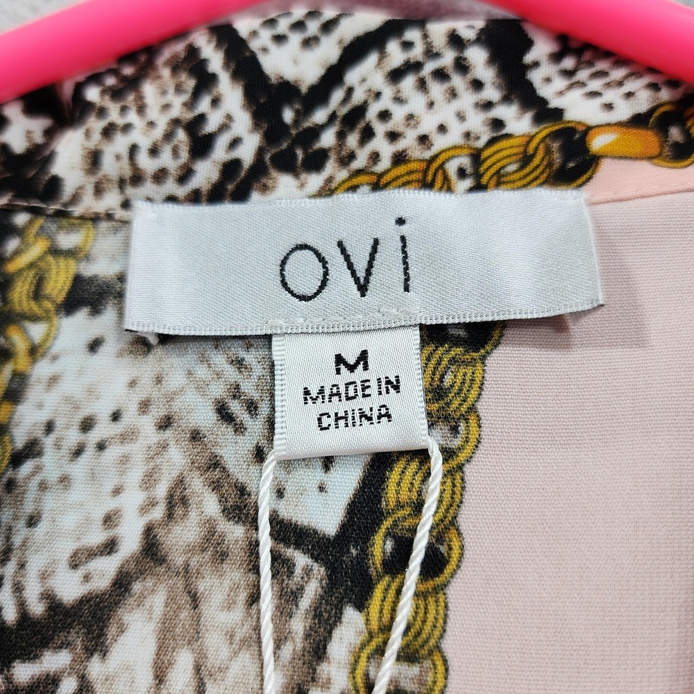 NEW Ovi Top Womens M Pink Animal Chain Print High Neck Flutter Sleeve Office - Picture 8 of 11